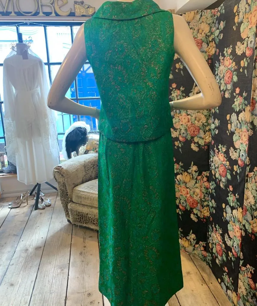 1960s Frank Usher Emerald Green Brocade Top and Skirt Set