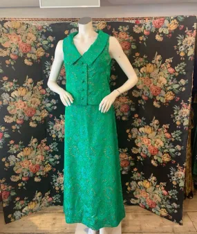 1960s Frank Usher Emerald Green Brocade Top and Skirt Set