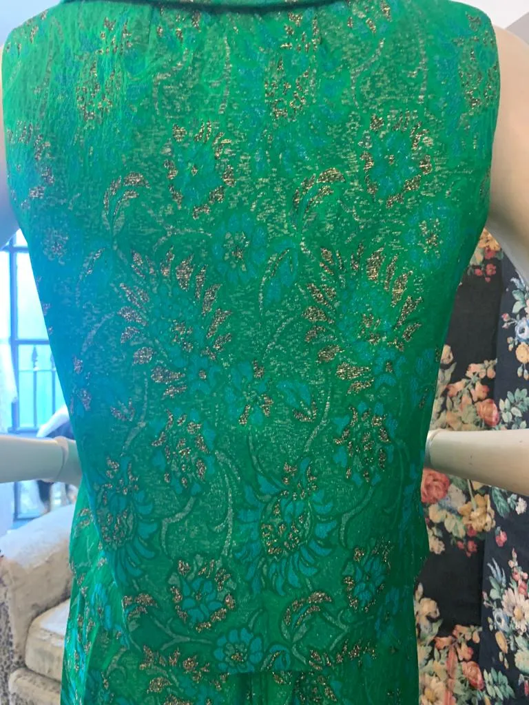 1960s Frank Usher Emerald Green Brocade Top and Skirt Set