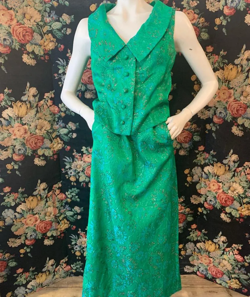 1960s Frank Usher Emerald Green Brocade Top and Skirt Set