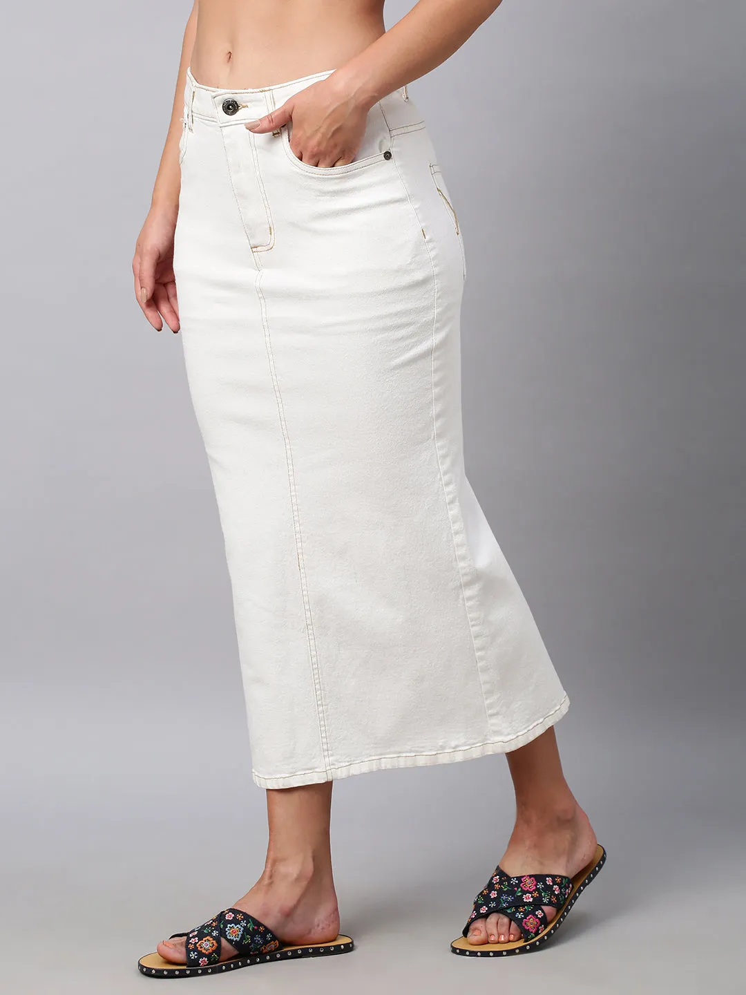 5 Pocket White Denim Pencil Skirt