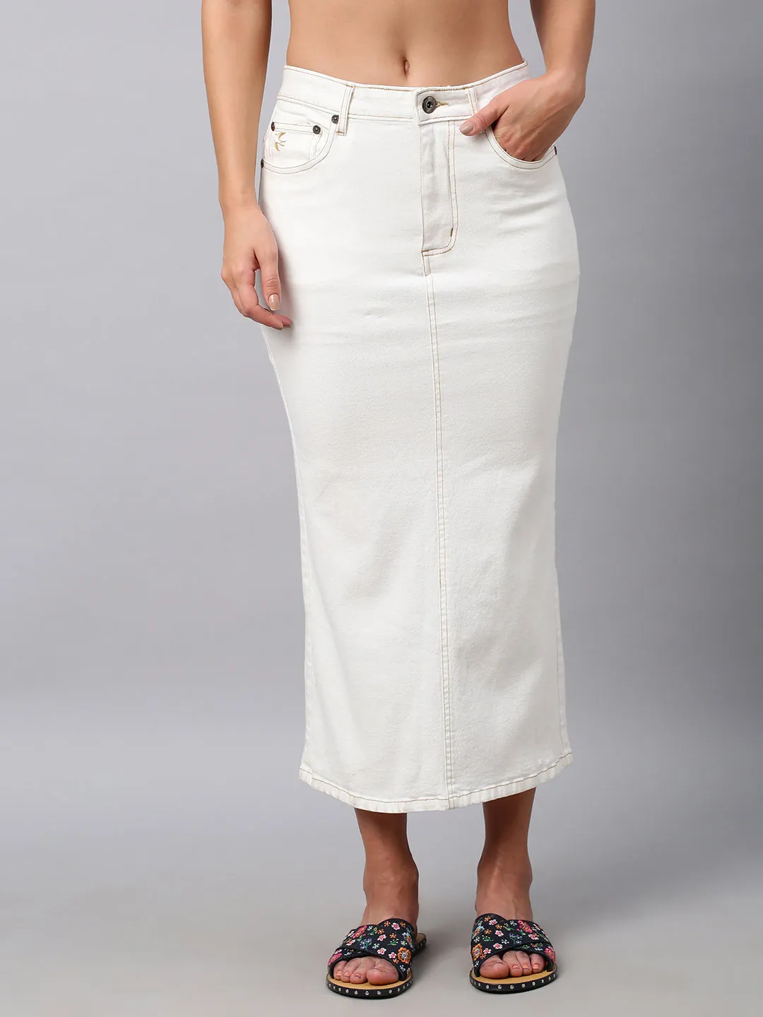 5 Pocket White Denim Pencil Skirt