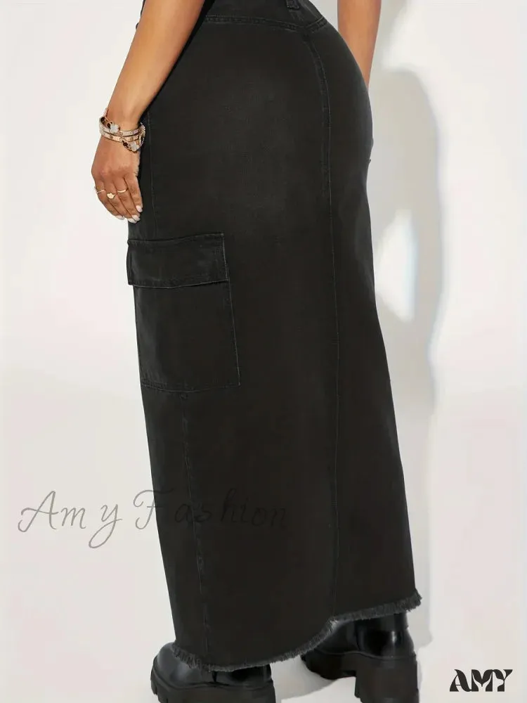 Amy Fashion - Black Flap Pockets Denim Midi Skirt Raw Hem Distressed Washed Cargo Denim Skirt Jean