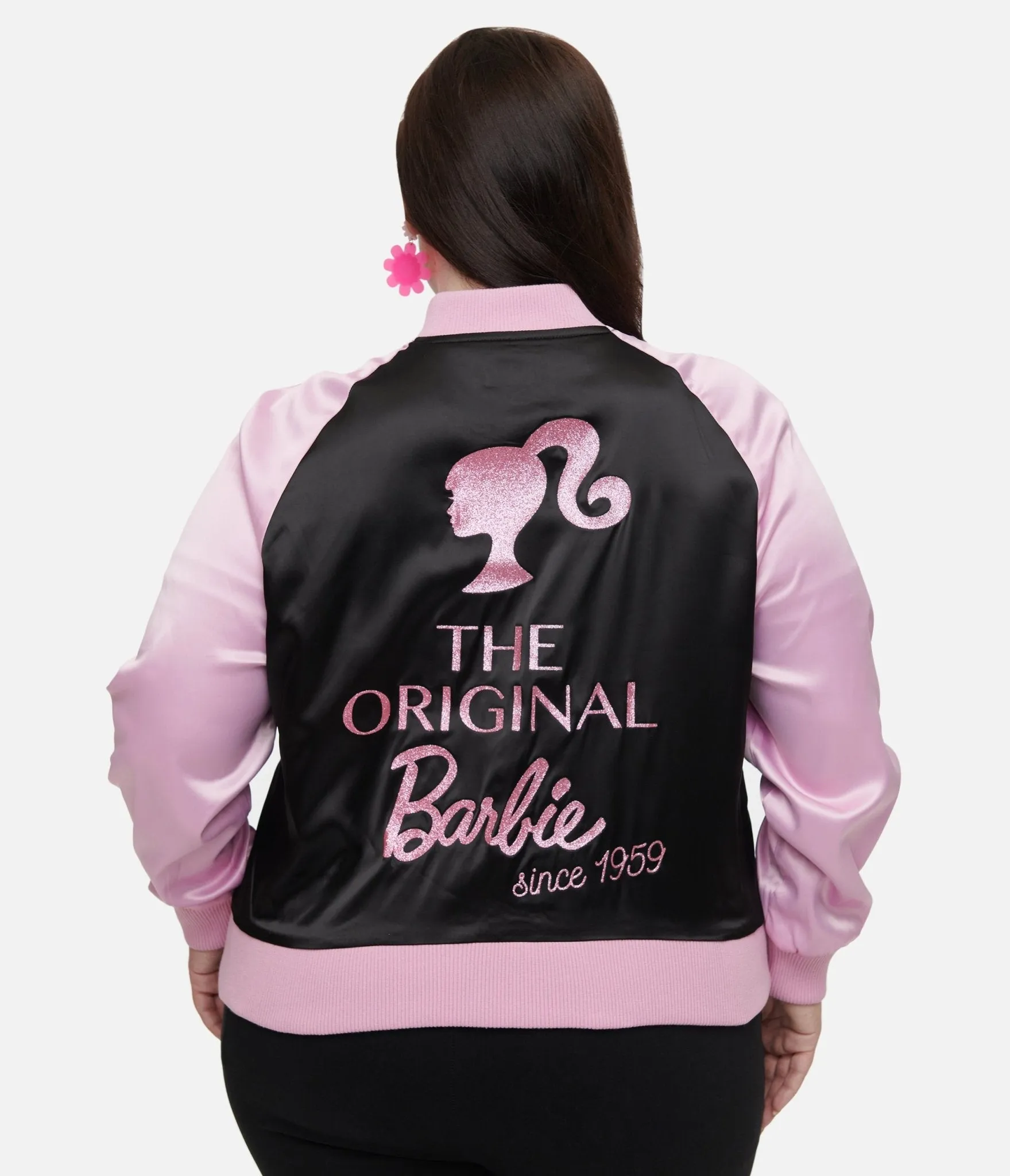 Barbie x Unique Vintage Plus Size Pink & Black OG Barbie Long Sleeve Bomber Jacket