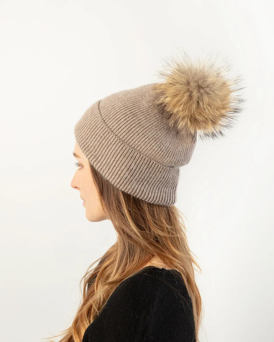 Basic Ribbed Knit Pom Pom Beanie