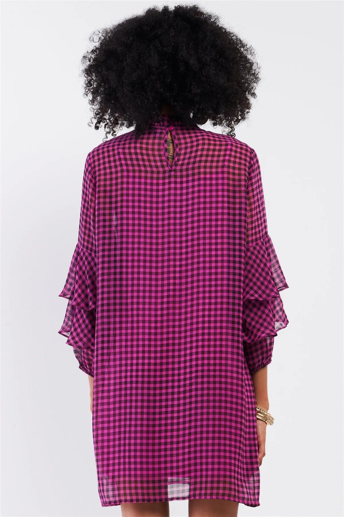 Black & Pink Checkered Print Relaxed Frill Mock Neck Layered Flare Sleeve Detail Mini Dress /1-2-3