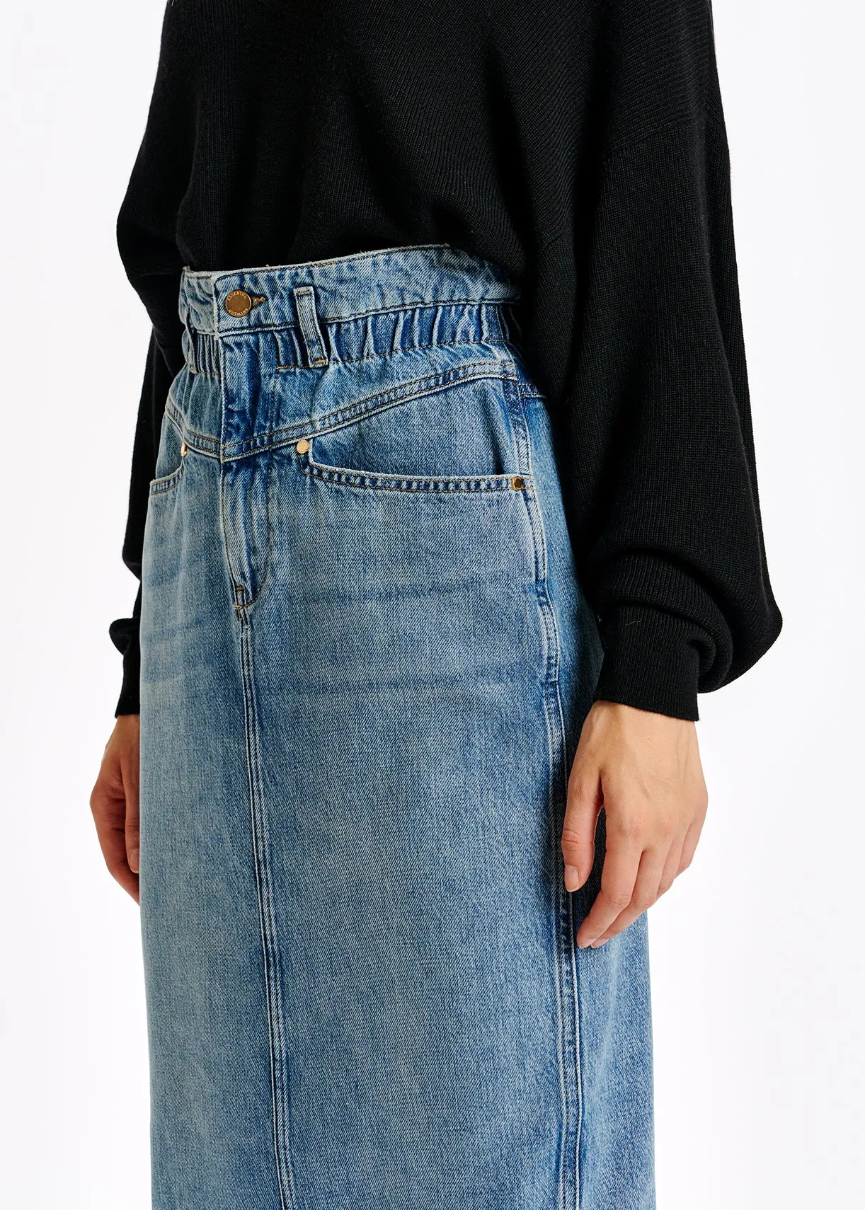 Blue high-waisted denim pencil skirt