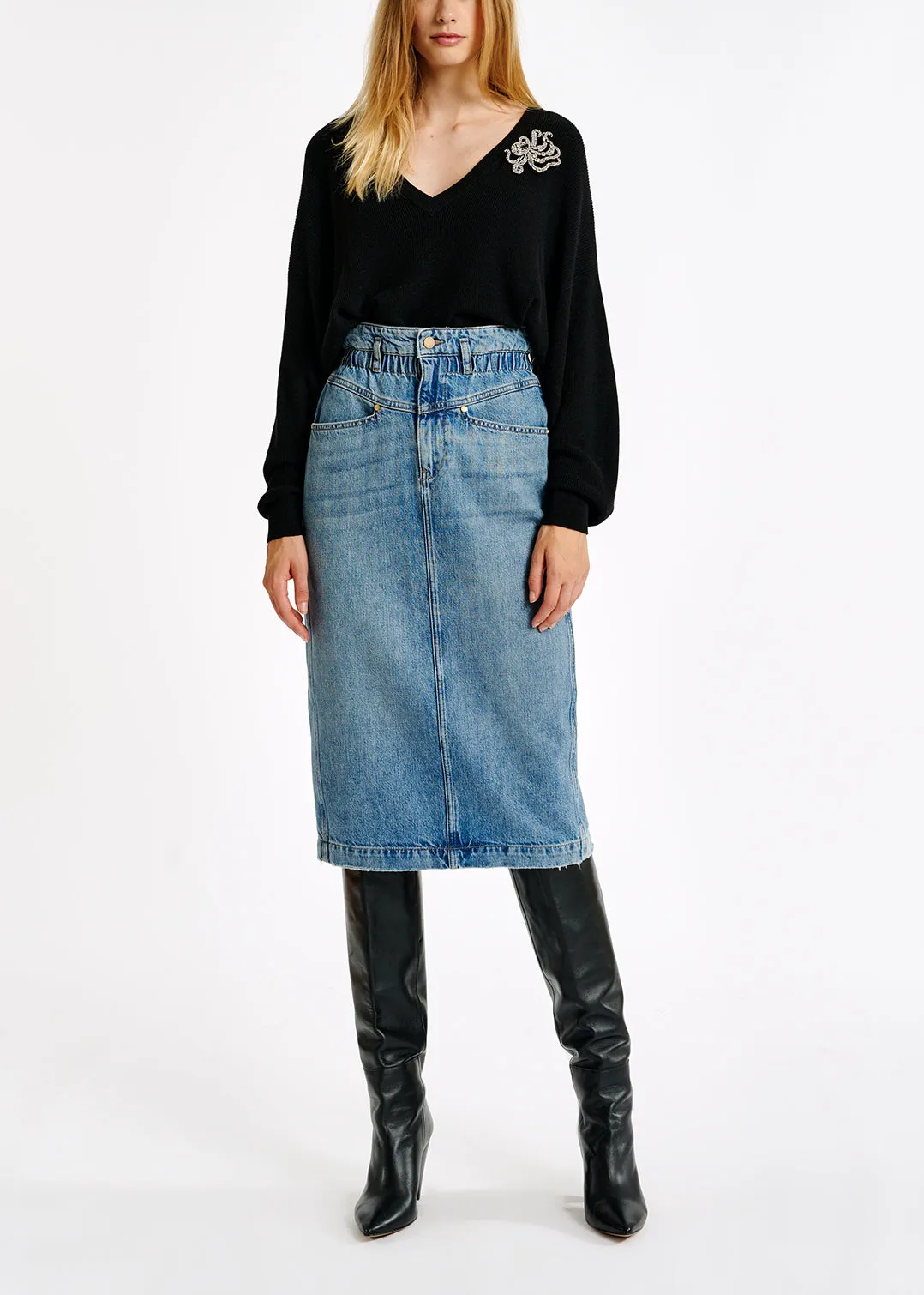 Blue high-waisted denim pencil skirt