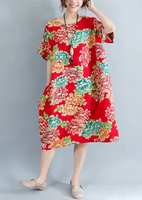 boutique red floral Midi-length linen dress plus size linen clothing dresses casual o neck short sleeve linen cotton dress