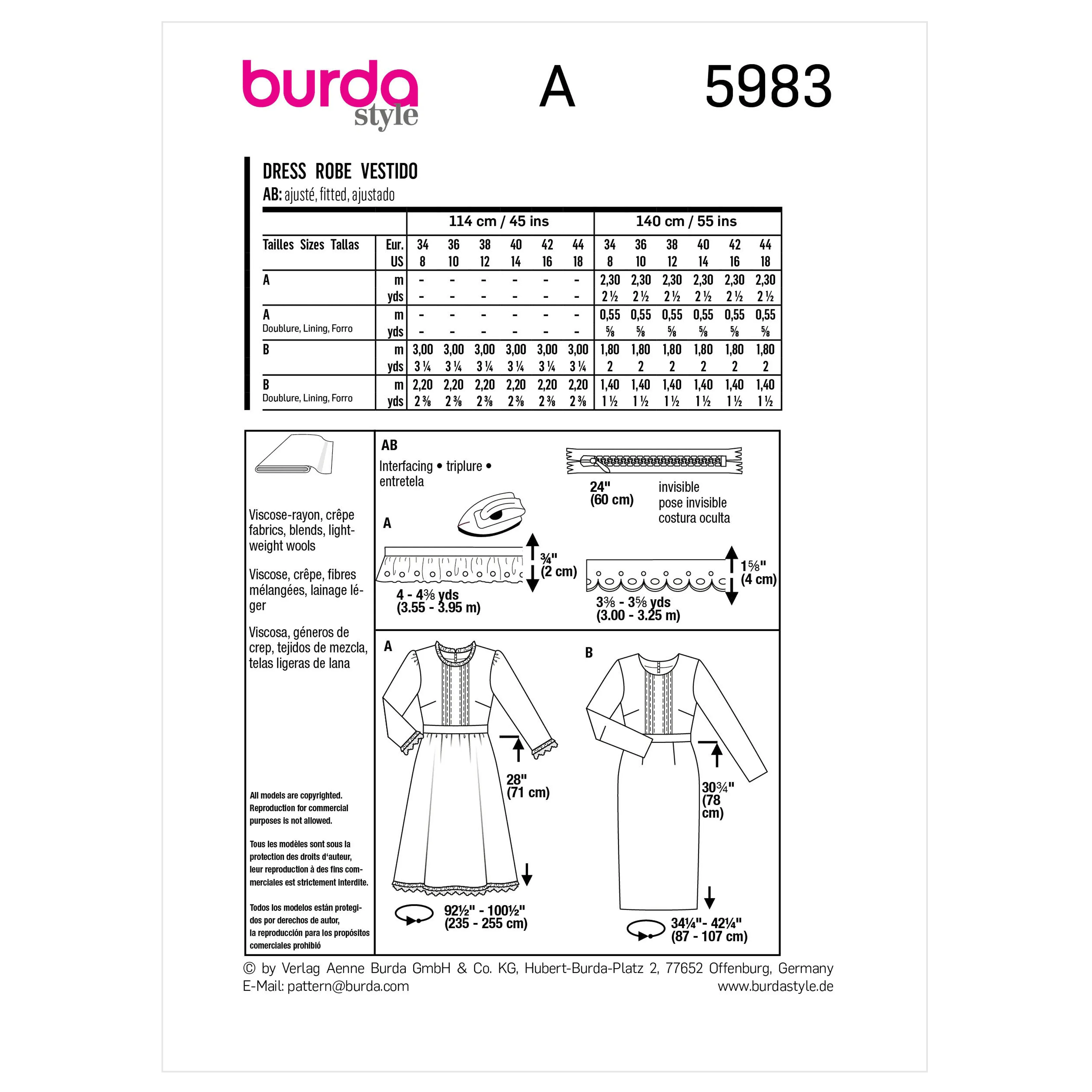 Burda Sewing Pattern 5983 Misses' Dress with Wide or Narrow Skirt