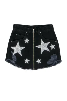 Carmar - Black Denim Distressed Miniskirt w/ Silver Star Embellishments Sz 27