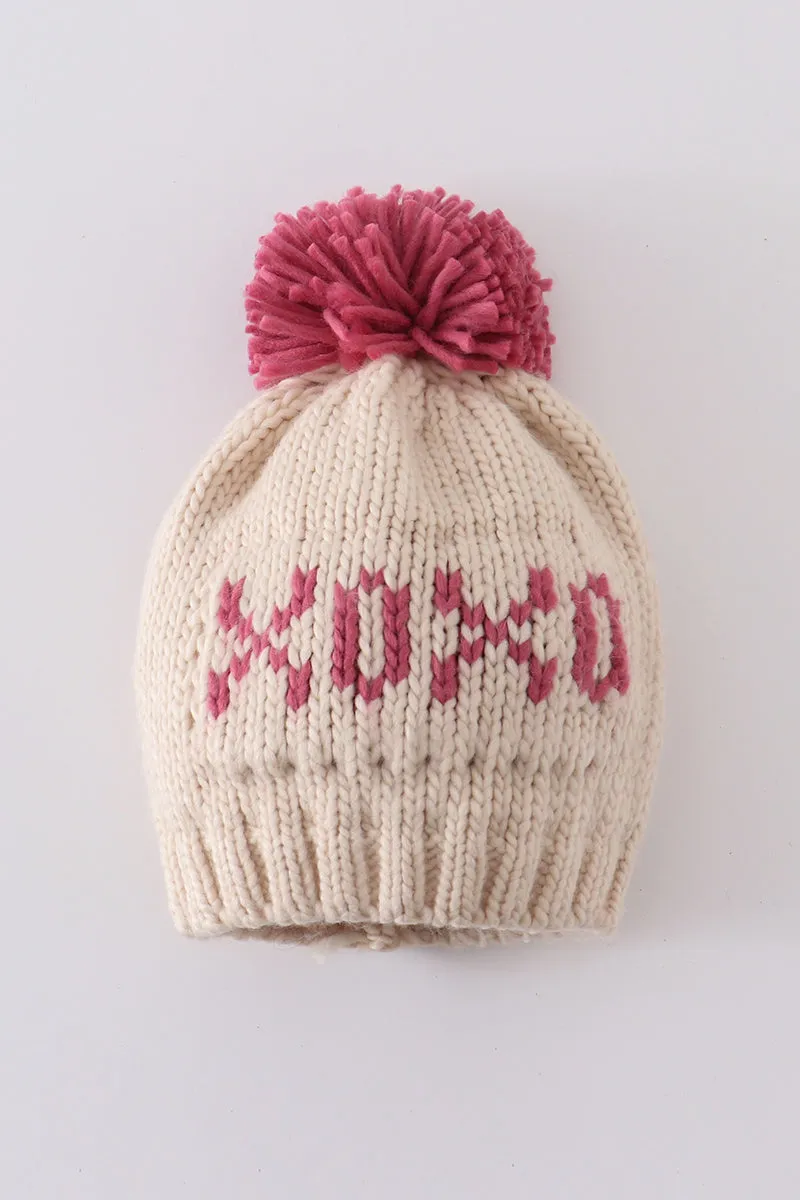 Cream XOXO knit beanie pom pom hat