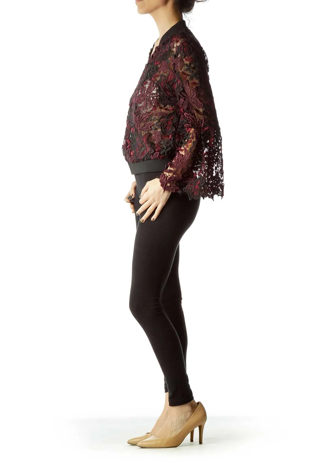 Dark Red Black Lace Flower Bomber Jacket