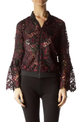 Dark Red Black Lace Flower Bomber Jacket