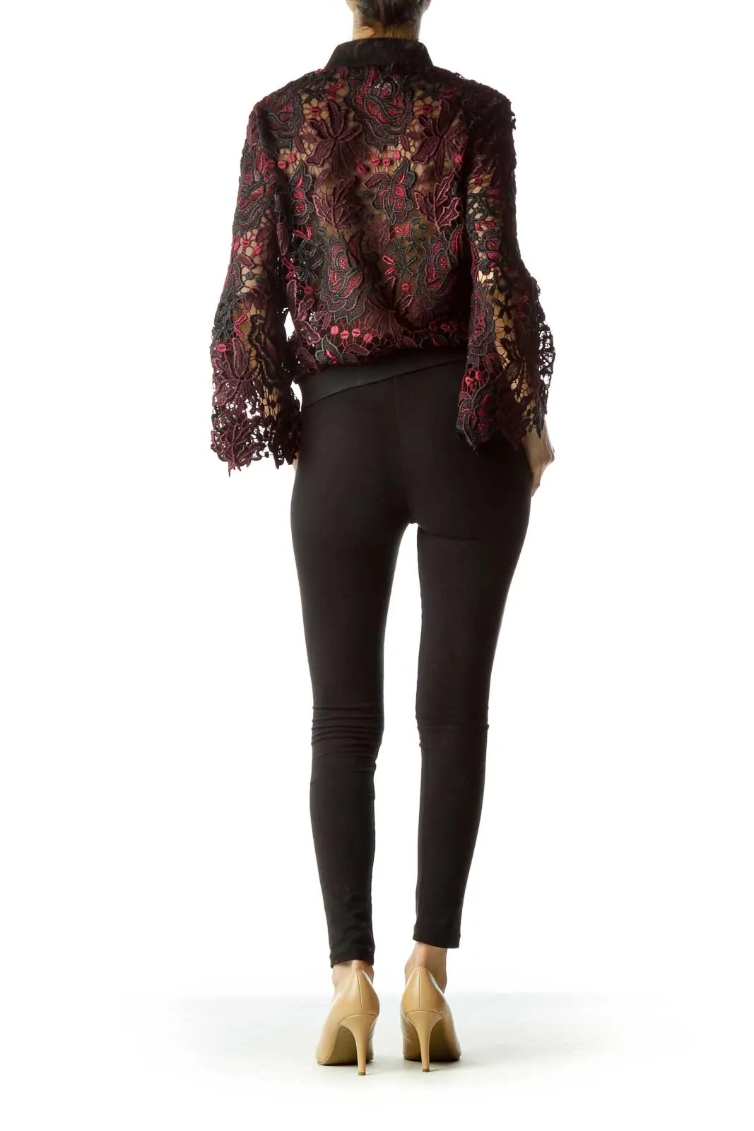 Dark Red Black Lace Flower Bomber Jacket