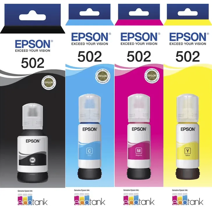 Epson 502 Ink Cartridge Bottle Black/Cyan/Magenta/Yellow Set T502 Genuine