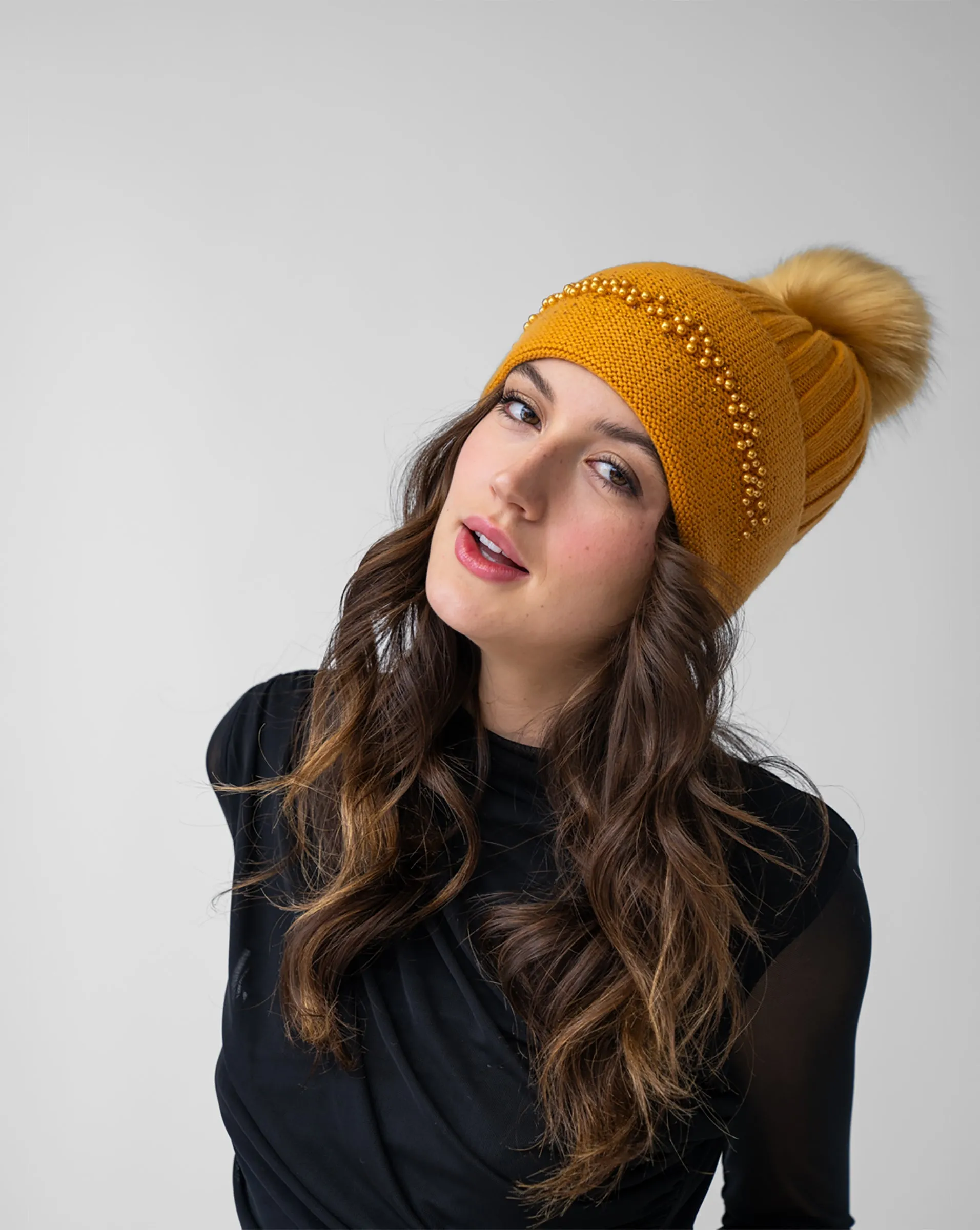 FINAL SALE - Pearl Trim Faux Fur Pom-Pom Knit Beanie Hat