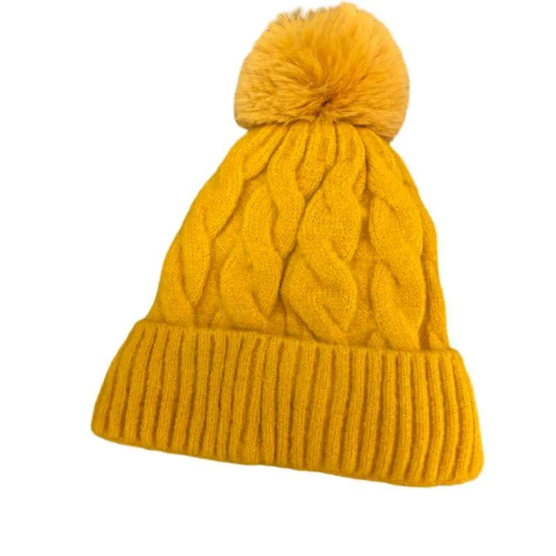 Fur Lining Hats With Pom Pom Beanie Women's Big Girls Cable Design Hat