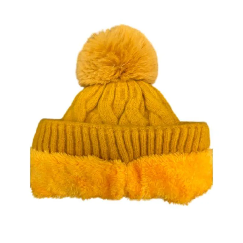 Fur Lining Hats With Pom Pom Beanie Women's Big Girls Cable Design Hat