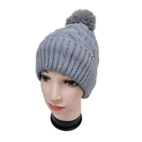 Fur Lining Hats With Pom Pom Beanie Women's Big Girls Cable Design Hat