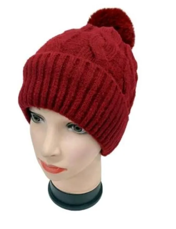 Fur Lining Hats With Pom Pom Beanie Women's Big Girls Cable Design Hat