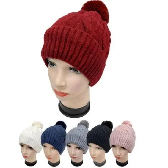 Fur Lining Hats With Pom Pom Beanie Women's Big Girls Cable Design Hat