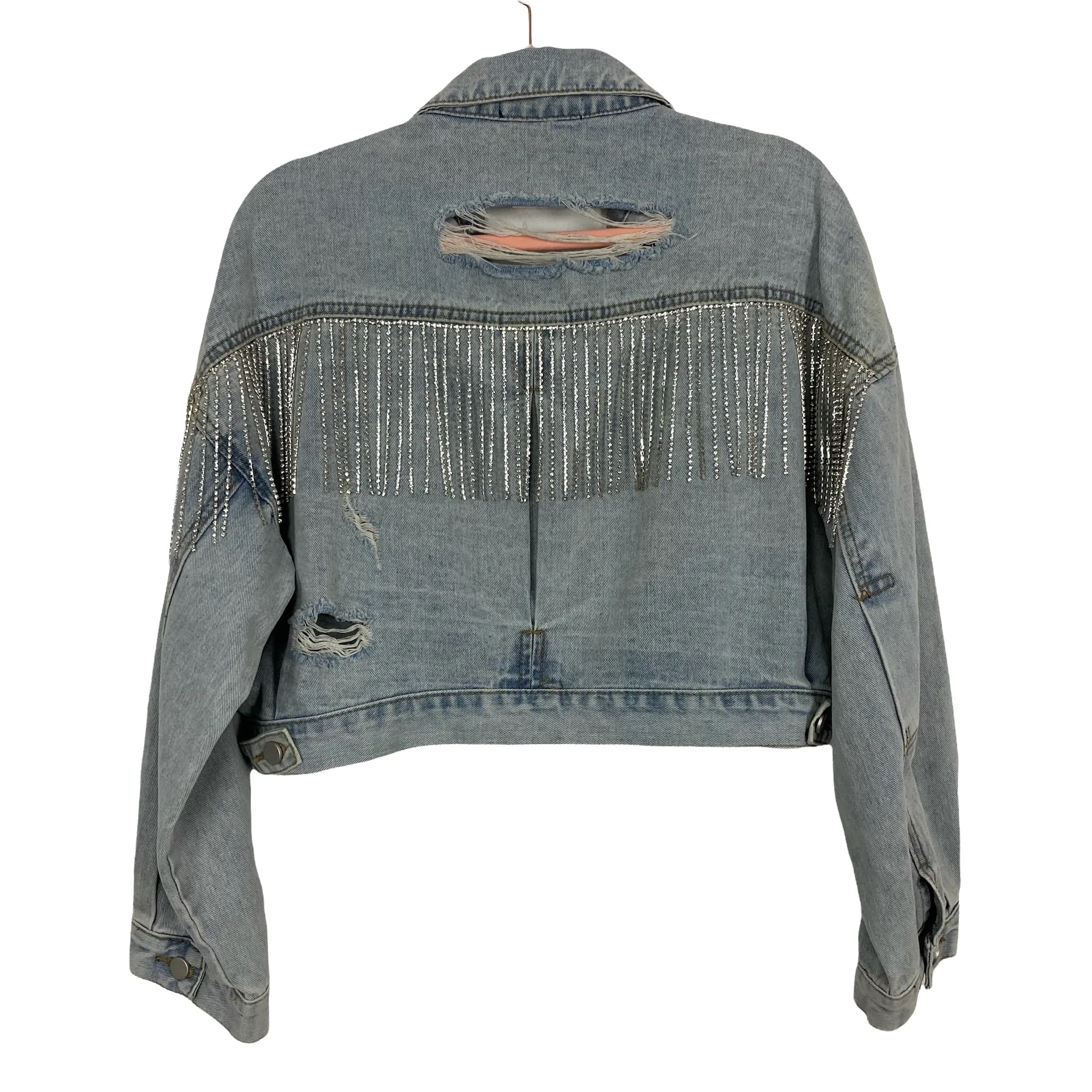 Glitzy Bella Light Wash Distressed Cropped Back Rhinestone Fringe Denim Jacket NWT- Size S/M