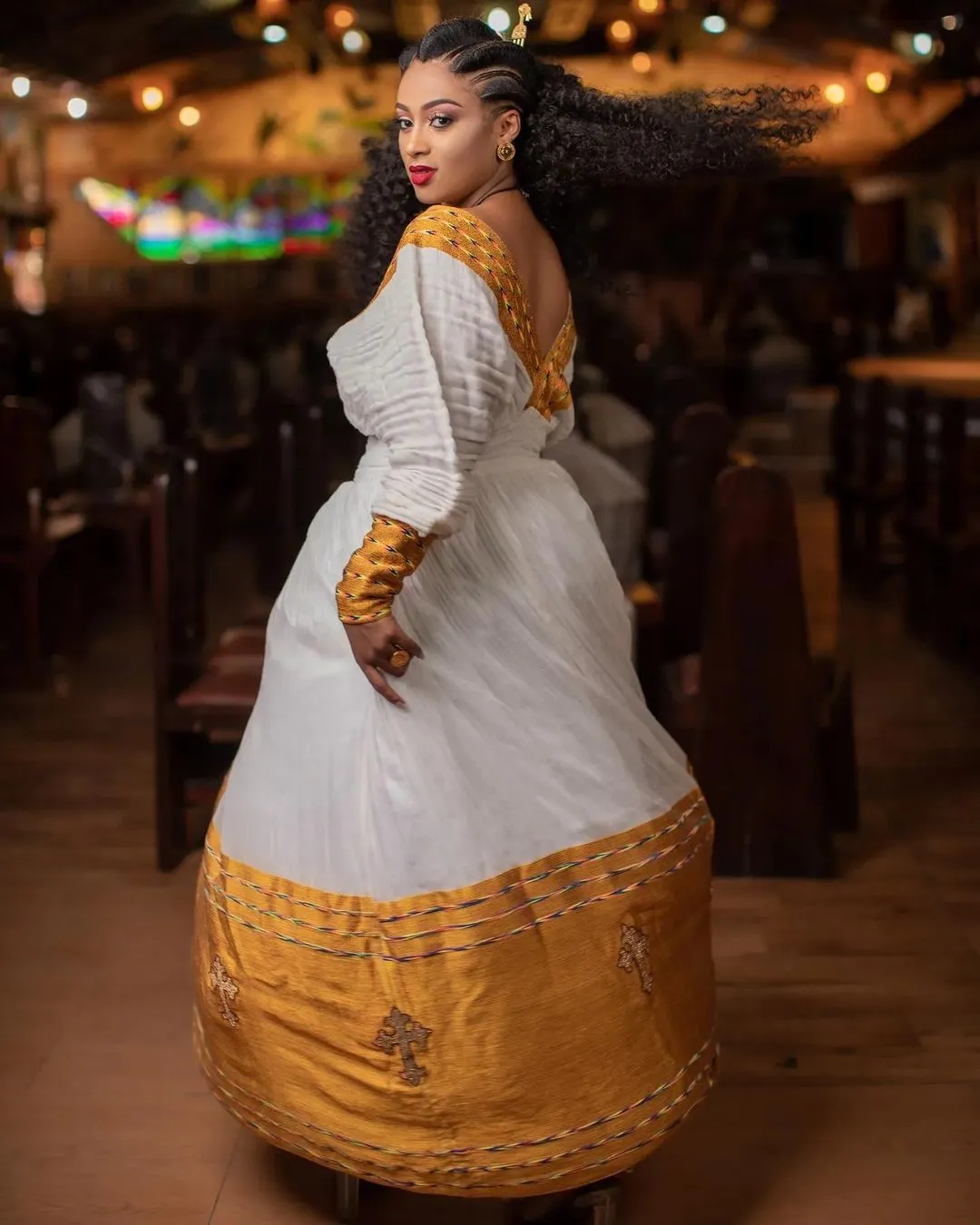 Golden Yellow Wide Tilet Habesha Dress Modern Habesha Kemis Ethiopian Dress Style Traditional Habesha Libs