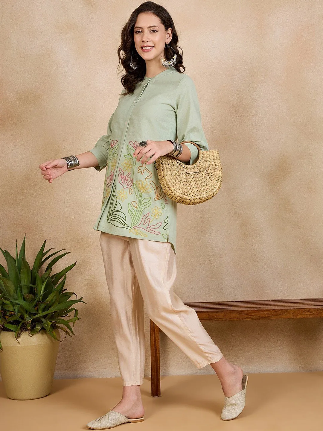 Green Floral Embroidered Mandarin Collar Tunic