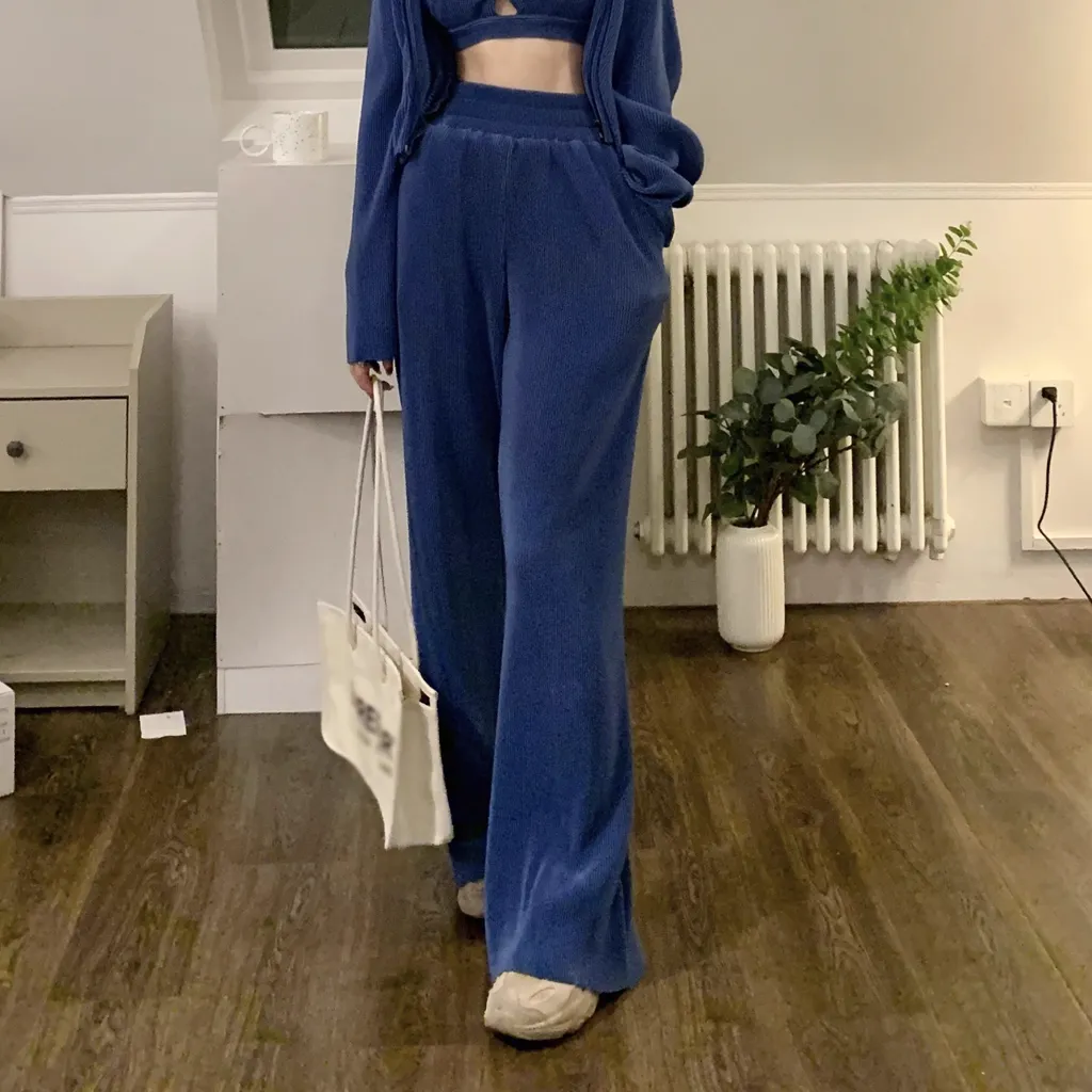 Halter Neck Vest Hooded Jacket Trousers Blue Set