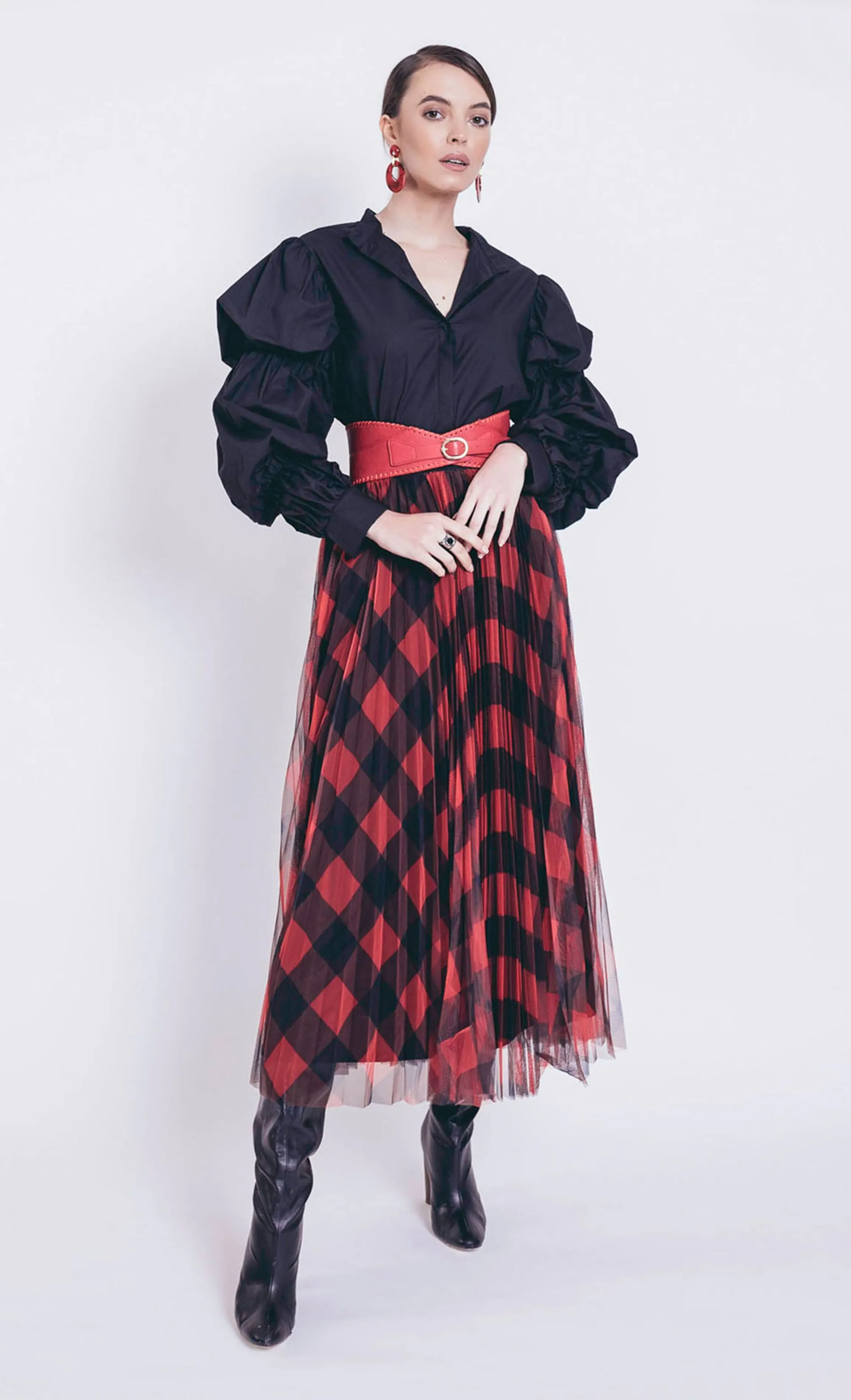 Helena Plaid Pleated Skirt in Red