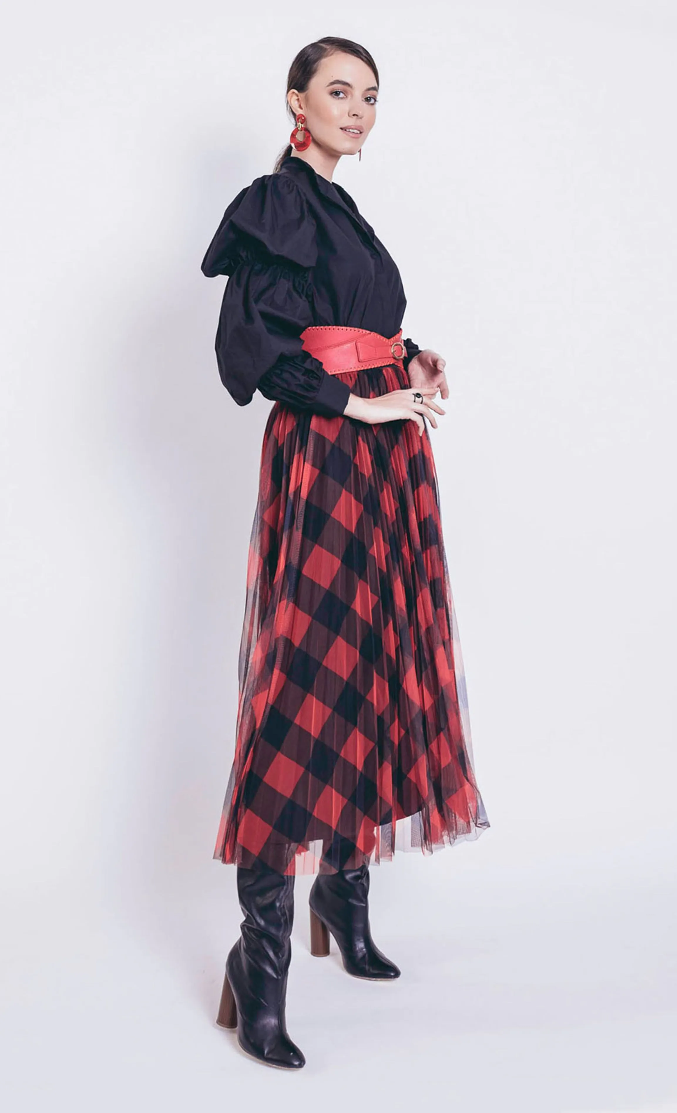 Helena Plaid Pleated Skirt in Red