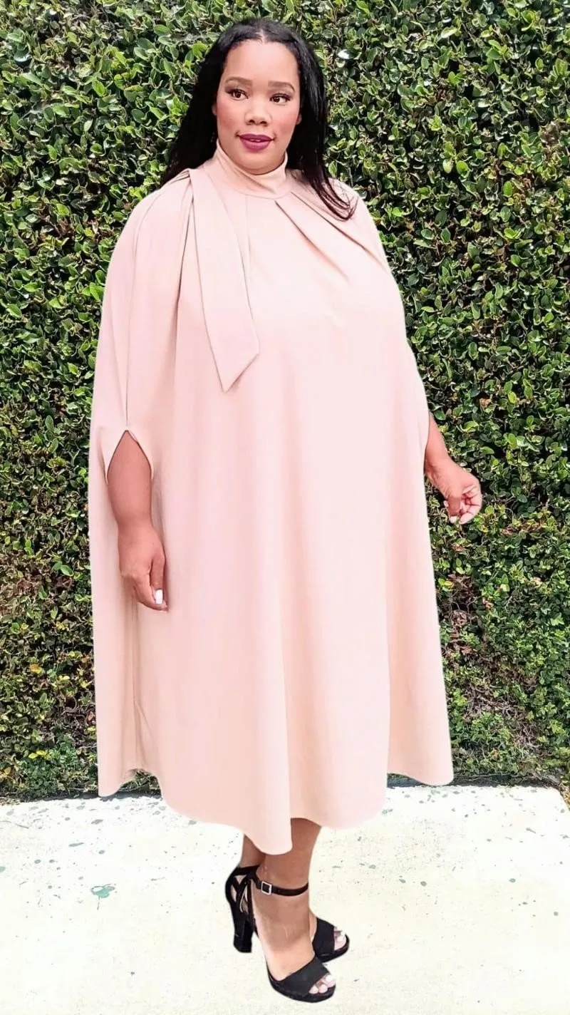 HI Curvy Plus Size Women Mock Neck Cape Midi Dress