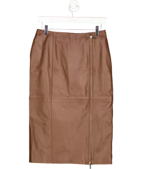 Karen Millen Brown Leather Double Zip Pencil Midi Skirt UK 10