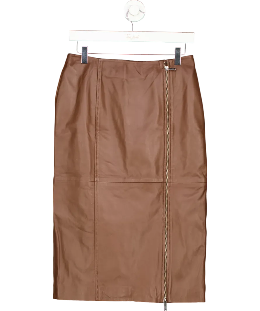 Karen Millen Brown Leather Double Zip Pencil Midi Skirt UK 10