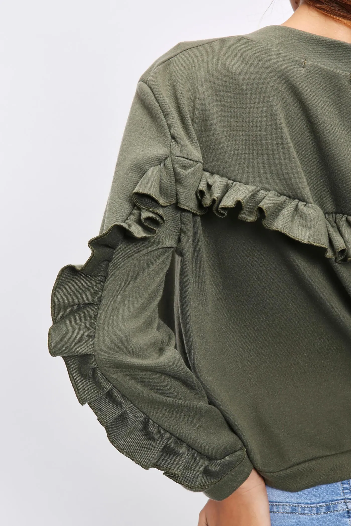 Khaki Frill Back & Sleeve Detail Bomber