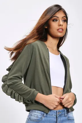 Khaki Frill Back & Sleeve Detail Bomber