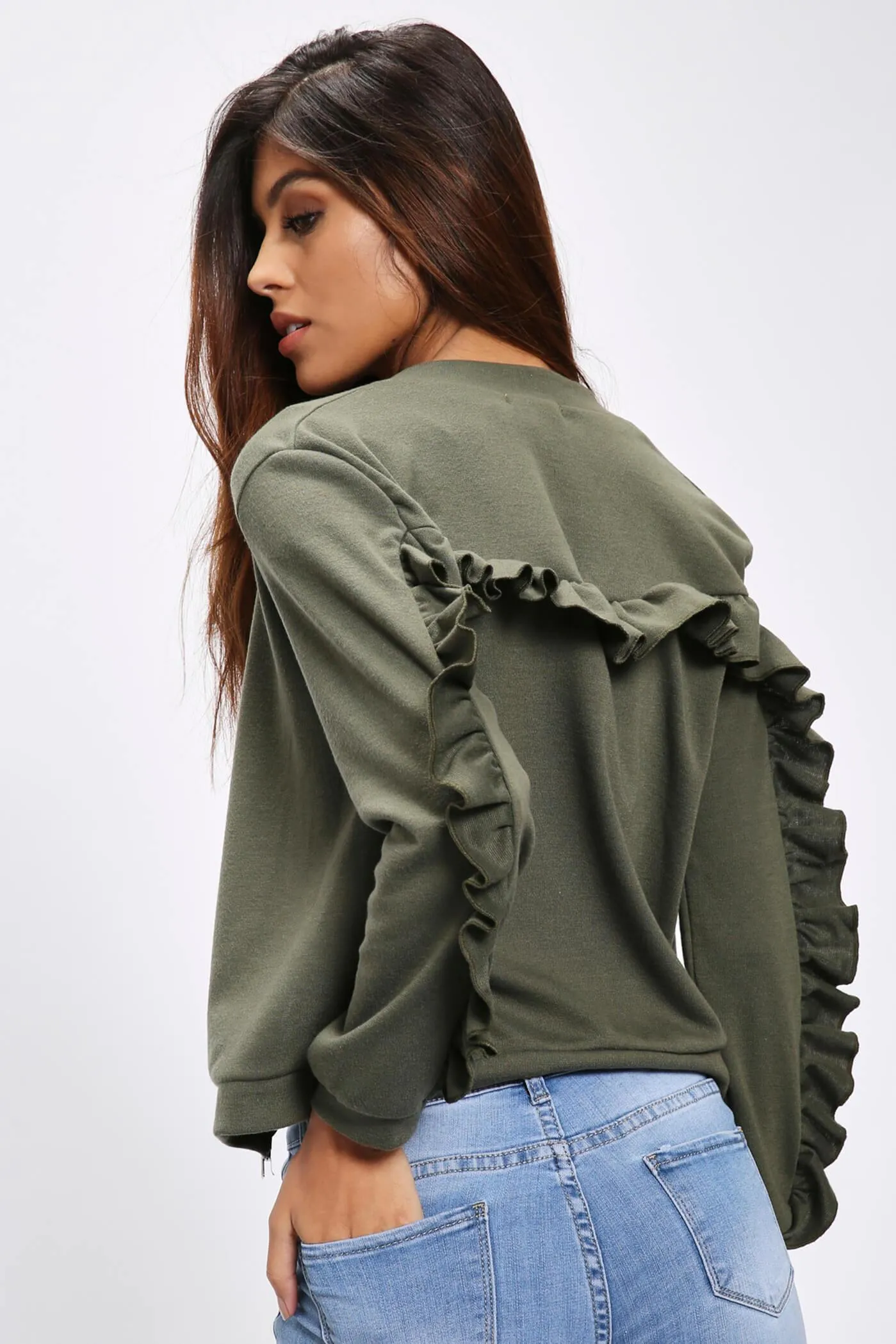 Khaki Frill Back & Sleeve Detail Bomber