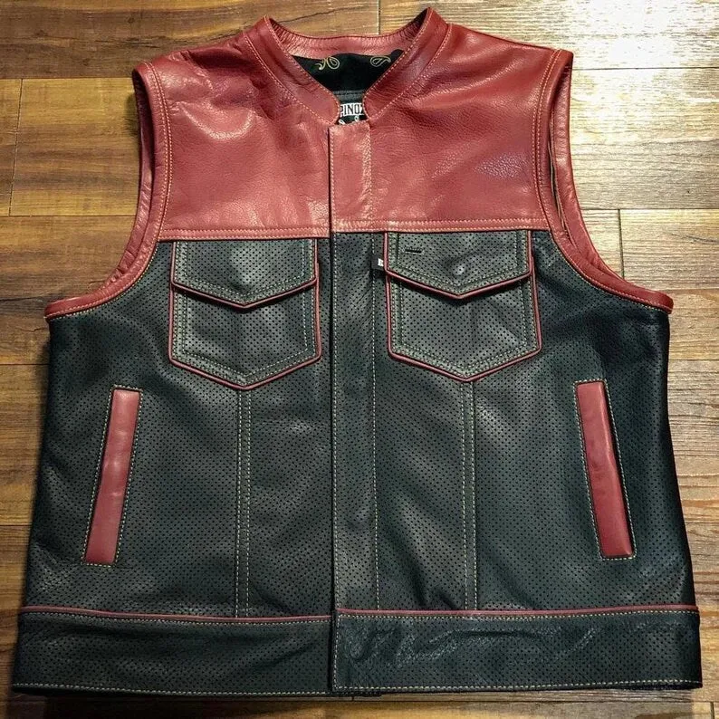 Leather Vest Mahroon Purple Leather Mens Vest Perforated Mesh Leather Biker Vest Motorcycle Vest Rider Waistcoat Motorcycle