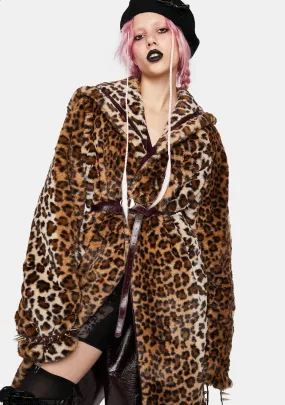 Leopard Faux Fur And Brown Leather Long Sailor Collar Coat