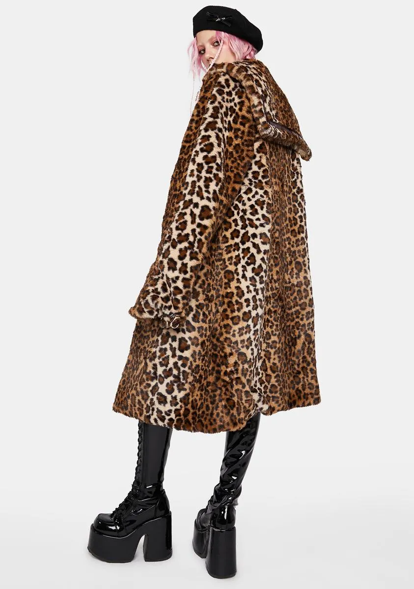 Leopard Faux Fur And Brown Leather Long Sailor Collar Coat