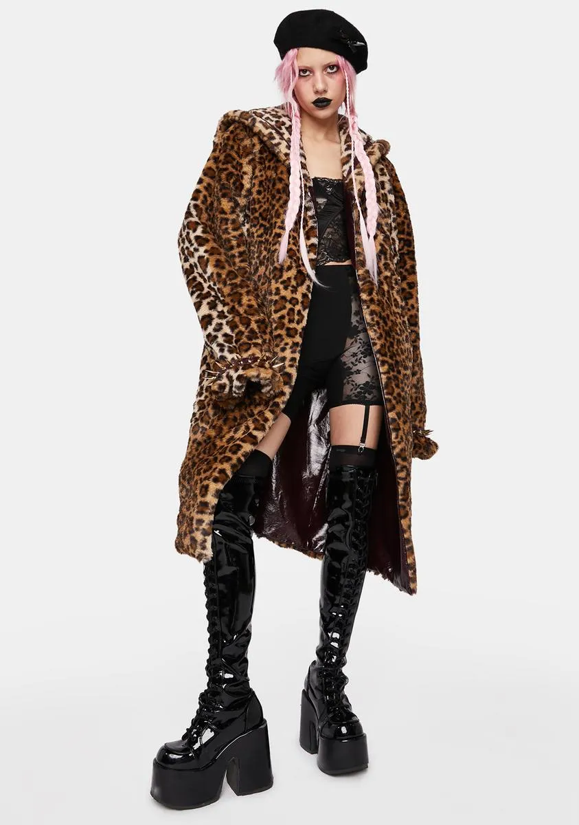 Leopard Faux Fur And Brown Leather Long Sailor Collar Coat