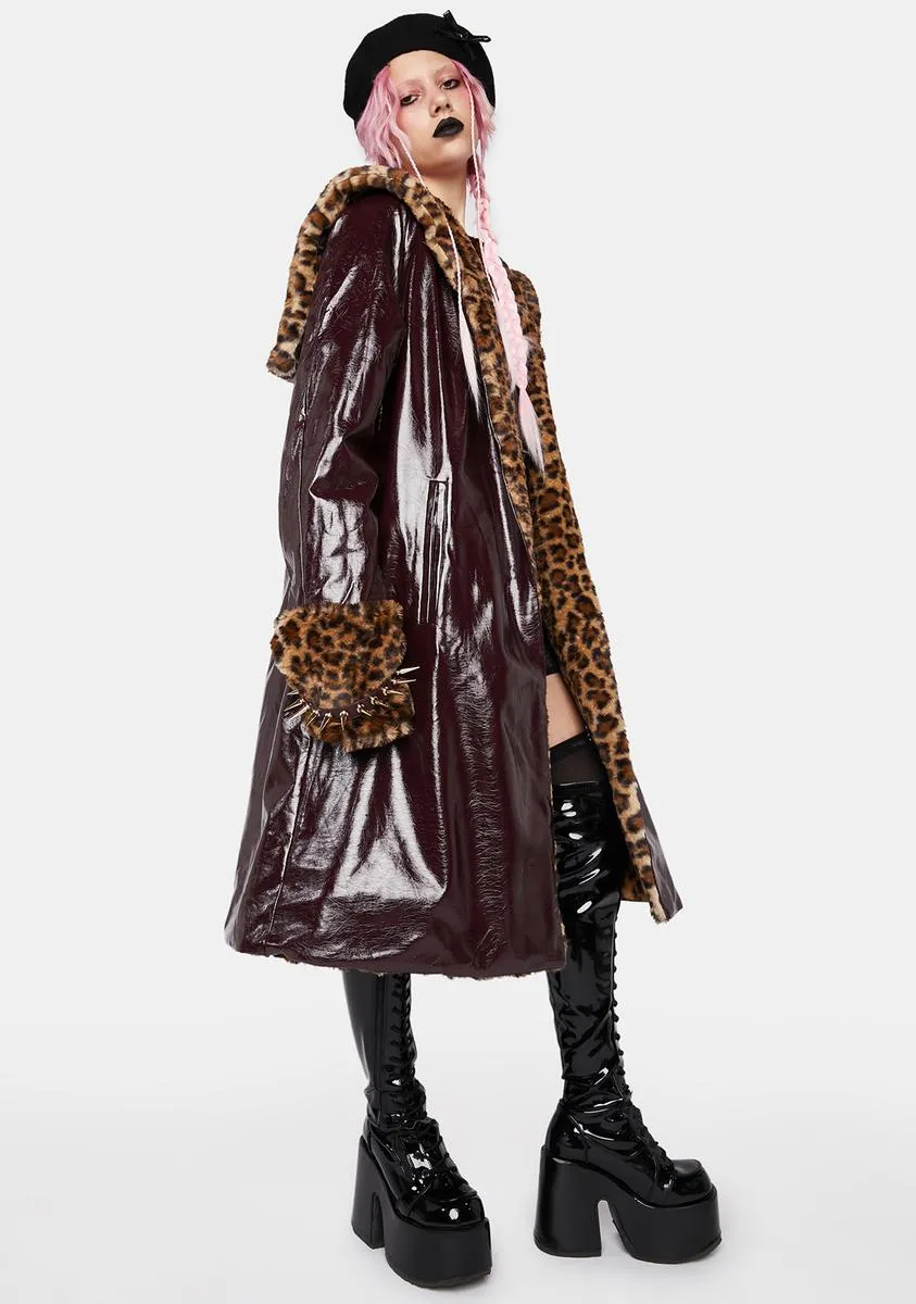 Leopard Faux Fur And Brown Leather Long Sailor Collar Coat