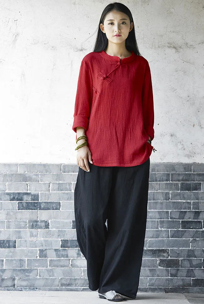 Loose-fitting flapper pants with elastic waist linen straight trousers slimming J091