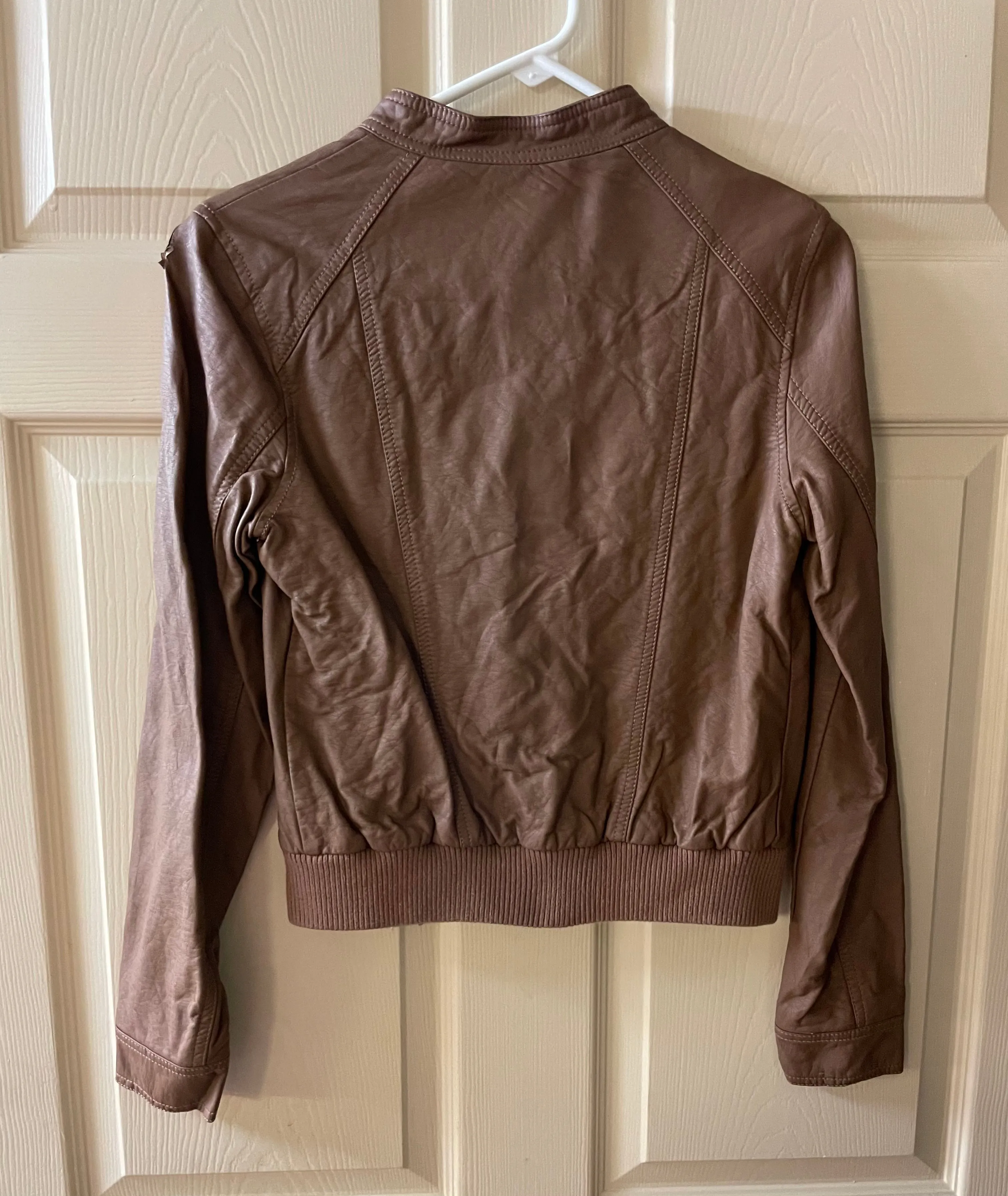 <€€* Womens Small OLD NAVY Brown Leather Look Biker Jacket Zip Up Viscose