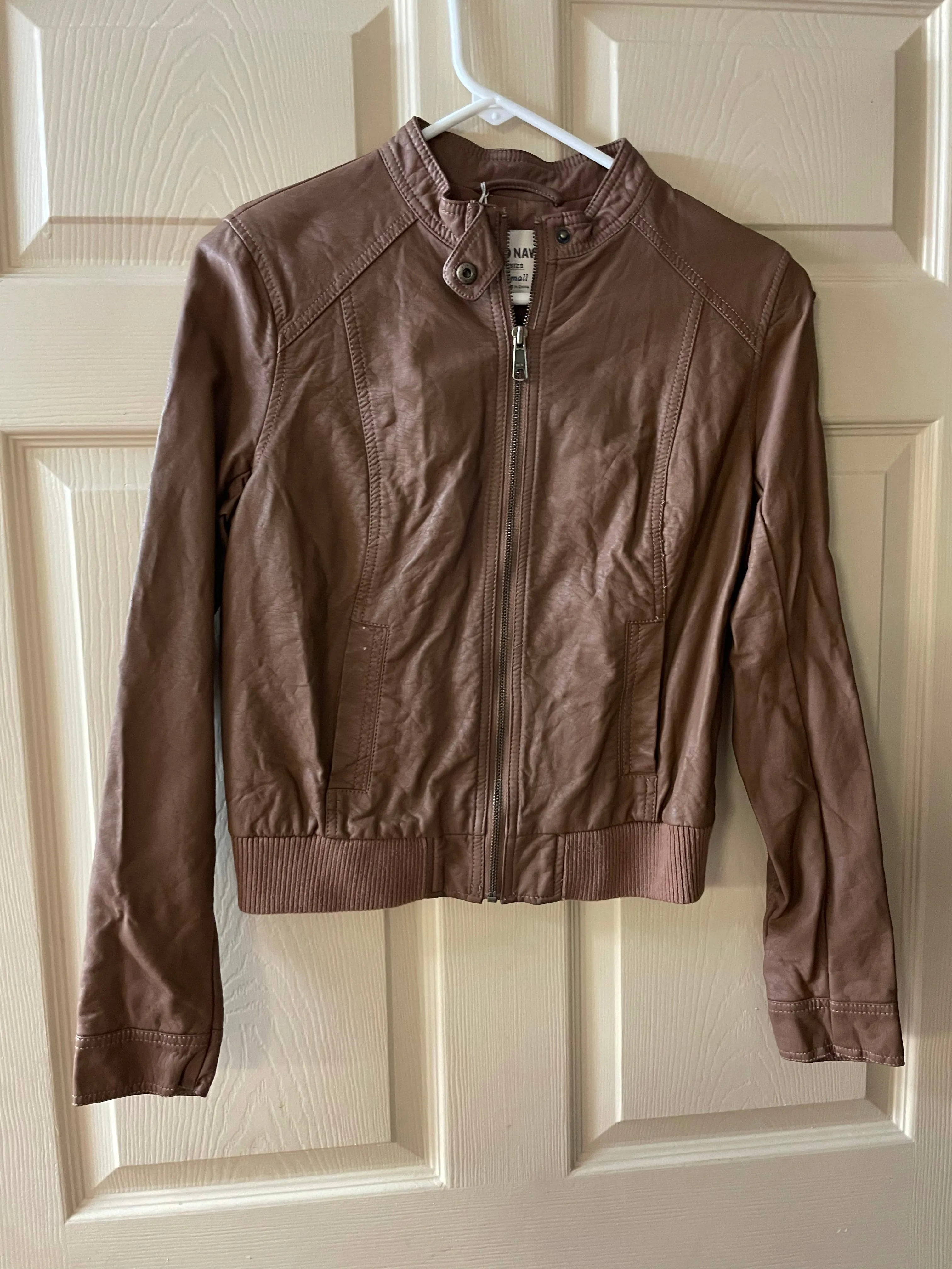 <€€* Womens Small OLD NAVY Brown Leather Look Biker Jacket Zip Up Viscose