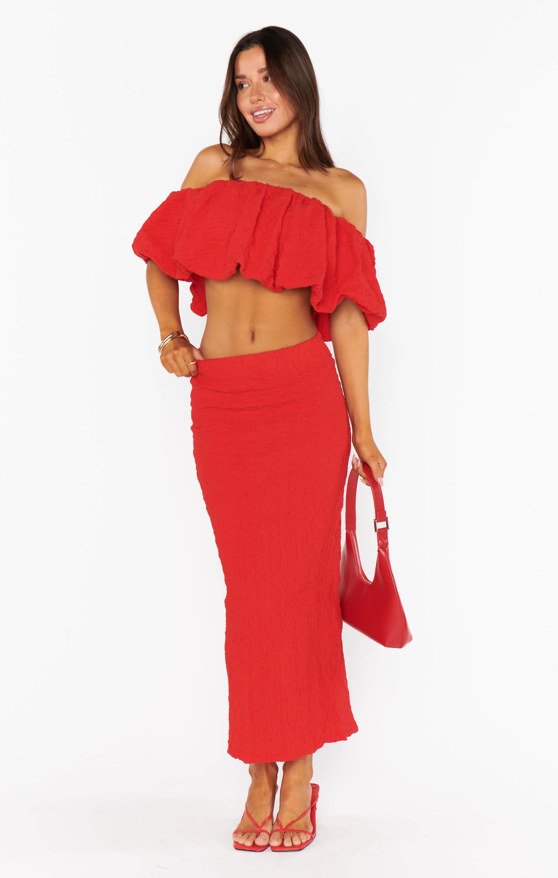 Maria Midi Skirt ~ Red Scrunch