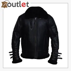 Men Black Biker Shearling Jacket