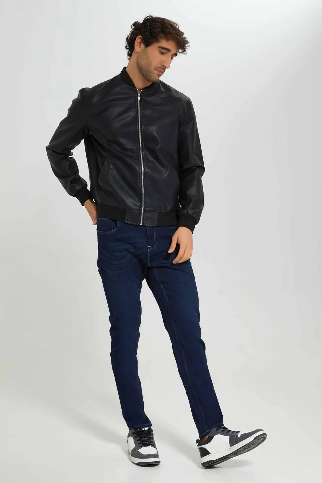 Men Black PU Bomber Jacket