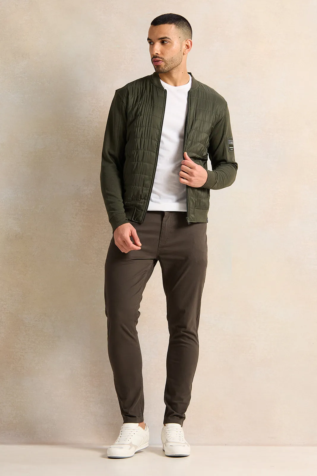 Men Olive Bomber Jacket With Knit Sleeves